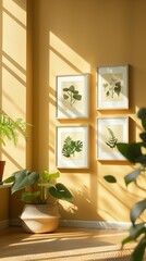 wall adorned with framed nature photos amidst indoor plants in a bright room