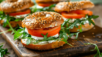 Vegetarian bagel sandwich with cream cheese fresh veggies and arugula healthy snack