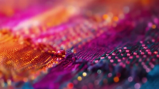A closeup of a colorful textured textile with tiny electronic components woven into the fabric. These elements transform the fabric into a touchsensitive surface allowing