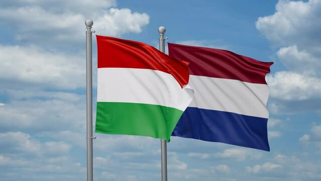 Netherlands and Hungary two flags waving together, looped video, two country relations concept