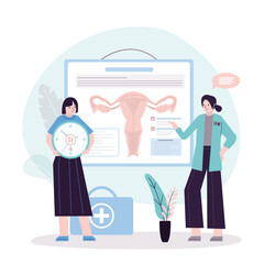 Aged woman patient talking with doctor gynecologist about menopause. Biological clocks, limited fertility. Medical concept, feminine age. Climacteric. Menstrual periods.