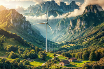 A wind farm is situated in a valley between mountains. - obrazy, fototapety, plakaty