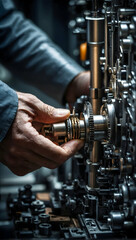 Fototapeta na wymiar Real Photo photo stock business happy theme as Precision Engineering concept as A close-up of an engineers hands working on a detailed mechanical component, Full depth of field, high quality ,includ