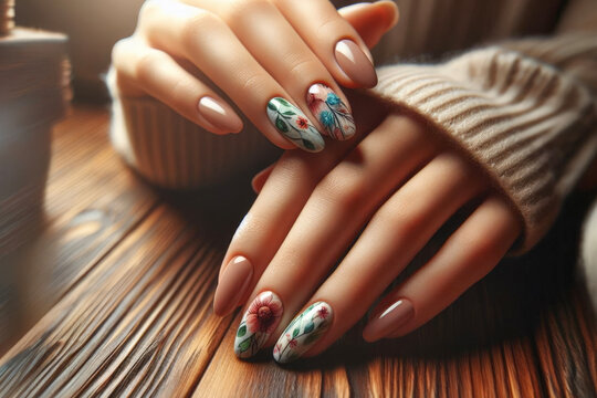 The close-up image shows a well-groomed woman's hand with long stiletto nails painted in different colors
