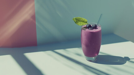 Product photography, close-up shot, prime lens, outside, outdoors, glass with blueberry smoothie, minimalist table, sustainable cafe with stucco cement walls, isolated shot, sunny, bright soft light