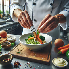 Real Photo photo stock business happy theme as Culinary Business concept as A close-up of a chef’s hands garnishing a dish in a restaurant kitchen - obrazy, fototapety, plakaty