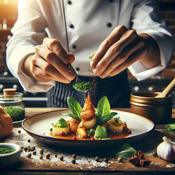 Real Photo photo stock business happy theme as Culinary Business concept as A close-up of a chef’s hands garnishing a dish in a restaurant kitchen