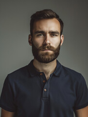 Fototapeta premium A young man with a beard poses in a dark blue polo shirt, giving a stoic look