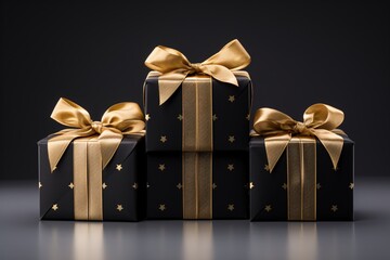 a group of black boxes with gold bows