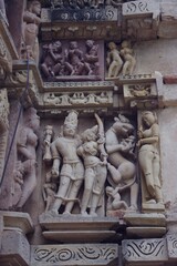 Ancient stone carvings at UNESCO World Heritage site, Khajuraho temples, Madhya Pradesh, India.
