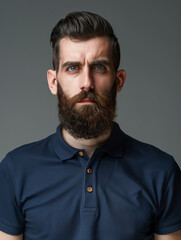 Fototapeta premium Handsome bearded male with a striking mustache against a grey backdrop