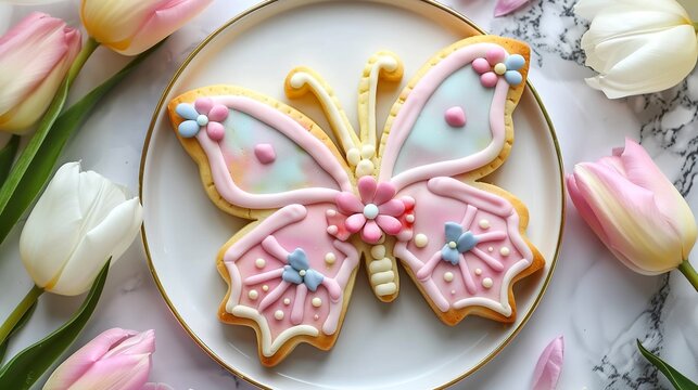 super cute butterfly-shaped linzer cookies on the plate. it shines in pastel, light, cheerful colors with some flower decorations