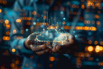 stock market graphic, business intelligence integration, cloud service, and analytics network.