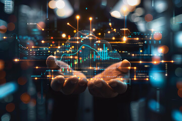 stock market graphic, business intelligence integration, cloud service, and analytics network.