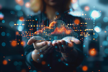 stock market graphic, business intelligence integration, cloud service, and analytics network.