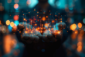 stock market graphic, business intelligence integration, cloud service, and analytics network.