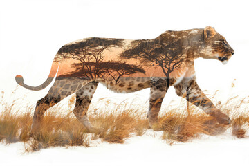 Double exposure effect of an African lioness standing in the savannah