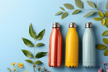 Eco-friendly stainless steel thermo bottle with light blue background - obrazy, fototapety, plakaty