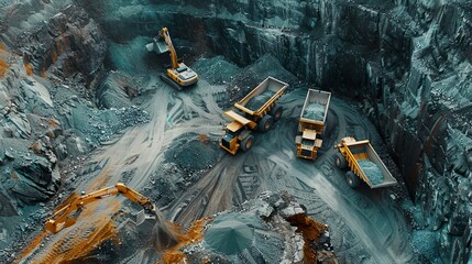 A modern mining operation with heavy machinery and mining trucks - obrazy, fototapety, plakaty