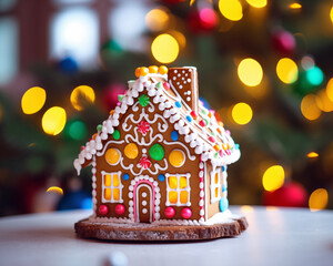 Christmas card template. Happy New year backdrop. Beautiful gingerbread house background.