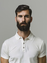 Obraz premium High-quality studio shot of a well-groomed man with a beard posing in a white polo shirt