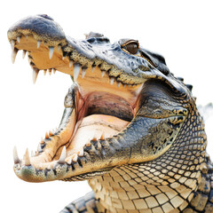 Obraz premium Crocodile with open jaws isolated on white background, showcasing its dangerous wildlife nature