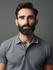 Obraz premium High-resolution image showcasing a fashionable man with a beard wearing a grey polo shirt