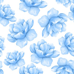 Seamless pattern with blue flowers on white background. Floral pattern in watercolor style - 763852902