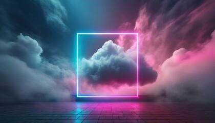 Abstract geometric background with square neon frame and cloud