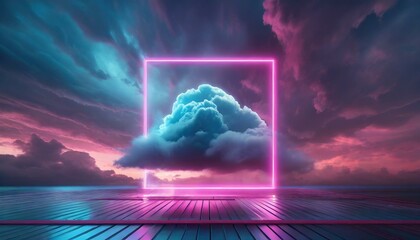 Abstract geometric background with square neon frame and cloud