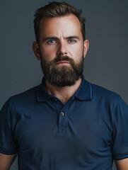 Obraz premium Studio portrait of a confident bearded man in a navy blue polo, looking at the camera