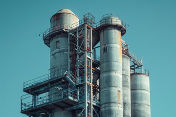 Tall industrial towers with intricate metalwork against a clear sky