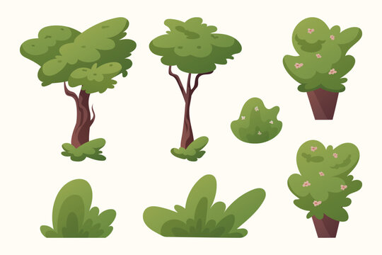 Collection of isolated cartoon vector trees and bushes. Summer green plants.