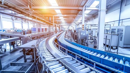 Fototapeta premium A modern food packaging plant with conveyor belts and automated packaging machines