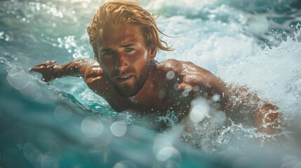 an attractive surfer swimming in crystal clear waters, with sunlight accentuating his focused gaze.