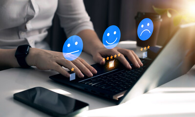 Customer satisfaction survey.Five star rating feedback on virtual screen.Concept of satisfaction,...