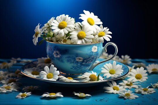 a teacup with white flowers on a blue surface