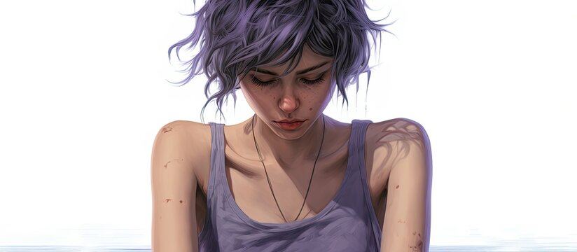 An animated female character with vibrant purple hair wearing a necklace is gazing down at her mobile device