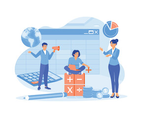 Accountants prepare company financial reports. Fill in the financial balance using the software. Accounting concepts. Flat vector illustration.