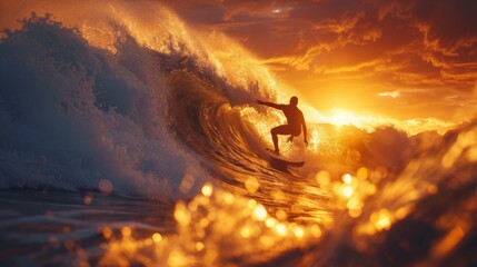 A surfer executing a complex trick at the peak of a majestic wave, with the sunset casting a golden glow. - obrazy, fototapety, plakaty