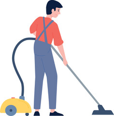 Man vacuum cleaning floor dust. Household work