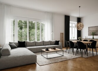 a Czech  living room with a couch, chair, table and chandelier