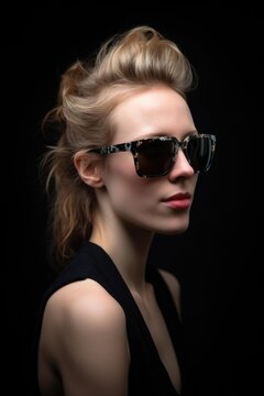 portrait of an attractive young woman wearing sunglasses against a black background