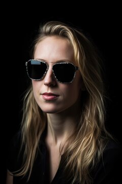 portrait of an attractive young woman wearing sunglasses against a black background