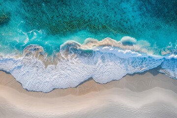 Fototapeta na wymiar Ocean wave, top view banner. Spectacular drone photo of beach for refreshing and calmness concept. Flat lay poster. Generative AI
