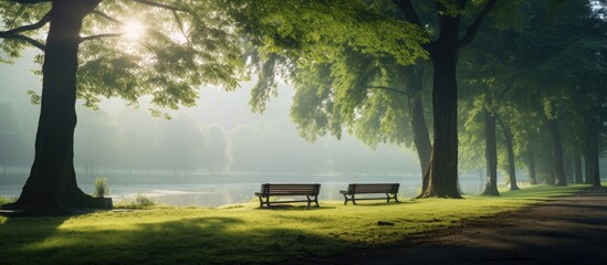 Obraz premium Morning in serene park with benches, trees, and lake