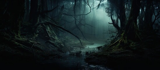 A tranquil stream flowing through a dim woodland - obrazy, fototapety, plakaty
