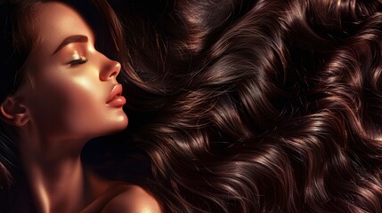 profile of beautiful woman with long and shiny wavy hair, makeup artist for glamorous fashion