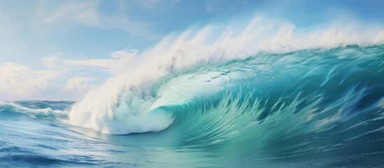 A wave breaking in the ocean under a clear sky - obrazy, fototapety, plakaty