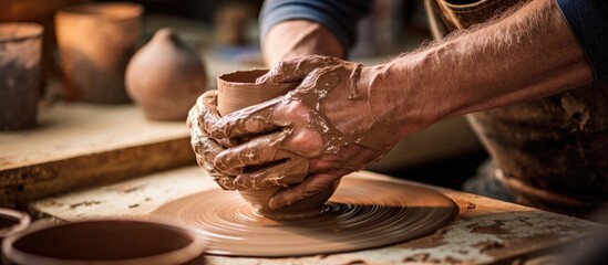 Man shaping clay pot on potter's wheel